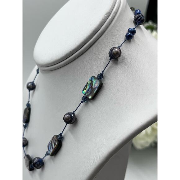 Peacock Keshi Abalone Mother of Pearl Blue Pearl Sterling Toggle Necklace - Picture 6 of 9
